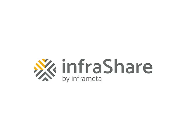 Logo infraShare rundes Symbol aus grauen und gelben Segmenten links, daneben Schriftzug „infraShare by inframeta“ in Grau auf hellem Hintergrund.