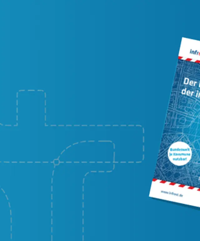 Informationsbroschüren zur Baustellenkoordination und Leitungsplanung auf blauem Hintergrund. Symbol für digitale Services und Projektkommunikation.