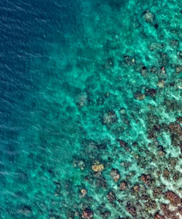 Drohnenaufnahme einer Küste: Tiefblaues Meer trifft auf türkisfarbenes, flaches Wasser mit sichtbaren Fels‑ oder Korallenstrukturen sowie hellem Sandbereich.