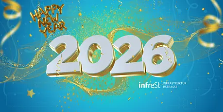 Neujahrsgrafik mit großer gold-weißer „2026“, goldenem „Happy New Year“ und festlichen Funken vor blauem Hintergrund, inklusive infrest Logo.