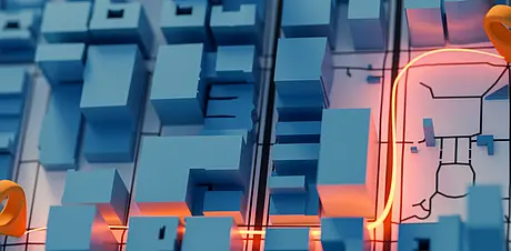 Abstrakte 3D‑Stadtkarte in Blau mit Gebäudeblöcken; orange leuchtende Leitung verläuft durch Straßen, verbunden mit runden Markern an zwei Punkten.