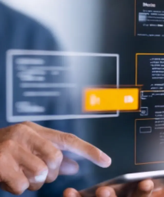 Person nutzt Tablet und interagiert mit transparenten, futuristischen Benutzeroberflächen – modernes High‑Tech‑Interface.