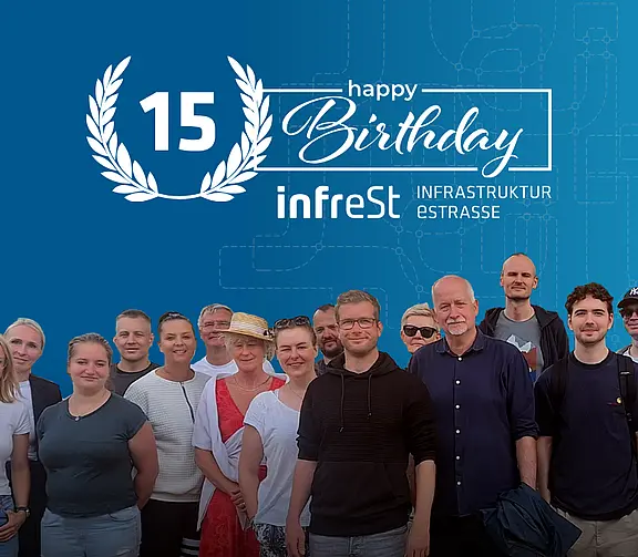 Gruppe vor blauem Hintergrund mit Schriftzug: 15 Jahre infrest Happy Birthday Infrastruktur Straße.