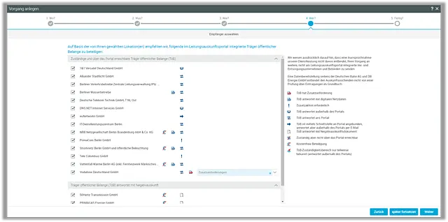 Infografik „Schritt 4 – Wer?“ mit klaren Symbolen und Markierungen. Zeigt, welche Zuständigen eine Leitungsanfrage prüfen oder bearbeiten.
