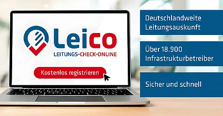 Laptop mit Leico-Logo und Registrierungsbutton. Hervorgehoben werden deutschlandweite Leitungsauskunft, viele Infrastrukturbetreiber sowie schnelle Bearbeitung.