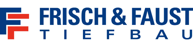 Logo von Frisch & Faust Tiefbau mit blau‑rotem „FF“-Symbol und Schriftzug „FRISCH & FAUST TIEFBAU“ – Bauunternehmen für Tief‑, Leitungs‑ und Straßenbau.