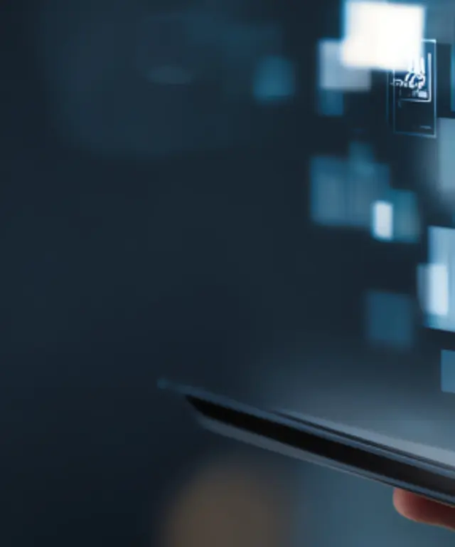 Finger tippt auf ein Tablet, während digitale Daten‑ und Interface‑Elemente holografisch aufsteigen – Symbol für moderne Technologien und Digitalisierung