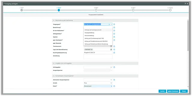 Infografik „Schritt 2 – Was?“ mit Symbolen und farbigen Bereichen. Erläutert die benötigten Daten und Angaben für eine Leitungsanfrage.
